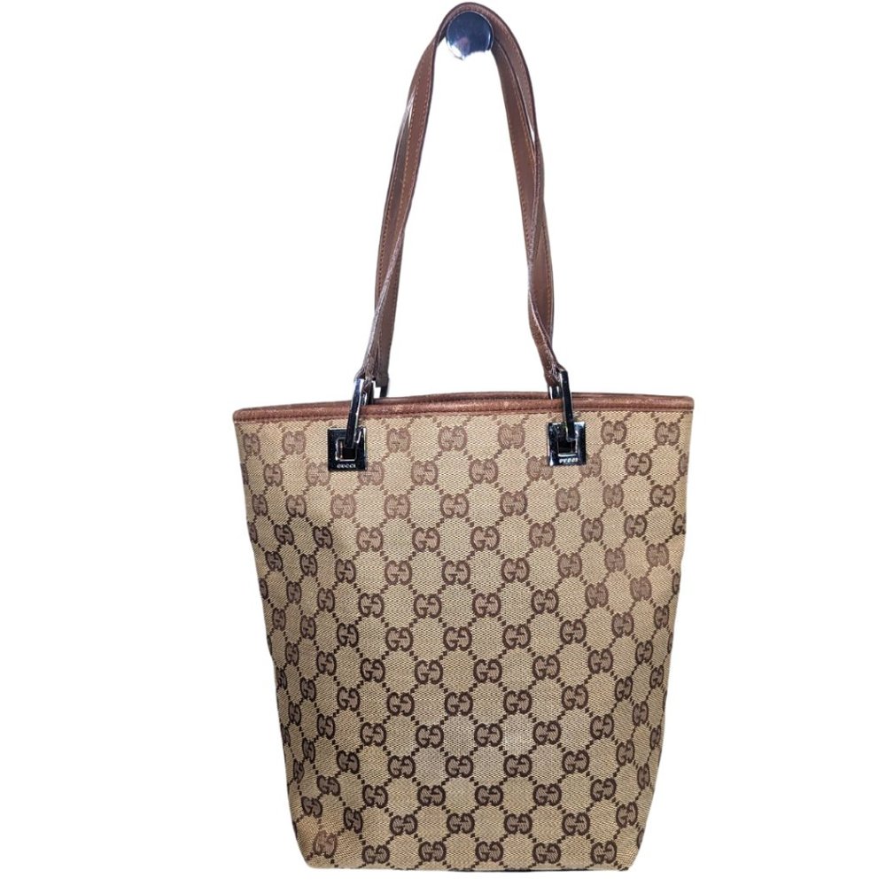 Gucci GG Canvas Brown Leather Bucket Tote Shoulder Bag 31244 002058 - Picture 3 of 14